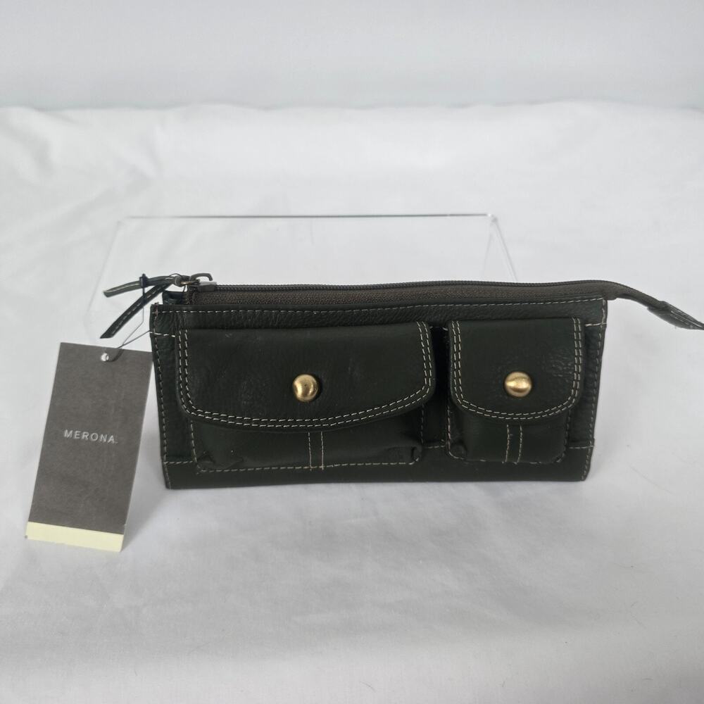 Merona Clutch or Wallet Dark Green 8" x 4" x 2" Zip Closure Snap Pockets NWT